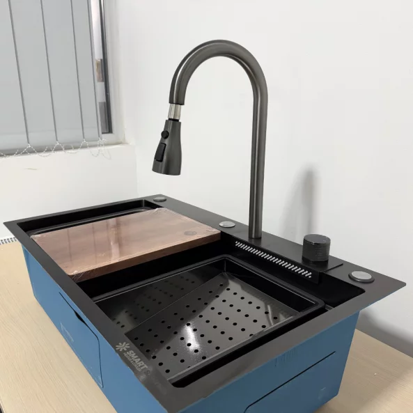 Fregadero moderno para la cocina, color: negro, multifuncional, ducha extraíble, acero inoxidable, primera calidad, accesorios incluidos, dimensiones 750*460*220mm