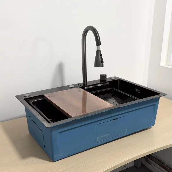 Fregadero moderno para la cocina, color: negro, multifuncional, ducha extraíble, acero inoxidable, primera calidad, accesorios incluidos, dimensiones 750*460*220mm