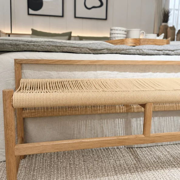 Banca din lemn de acacia cu sezut din snur de hartie, 100×41×55 cm