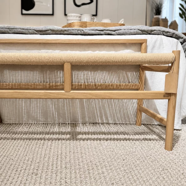 Banca din lemn de acacia cu sezut din snur de hartie, 100×41×55 cm