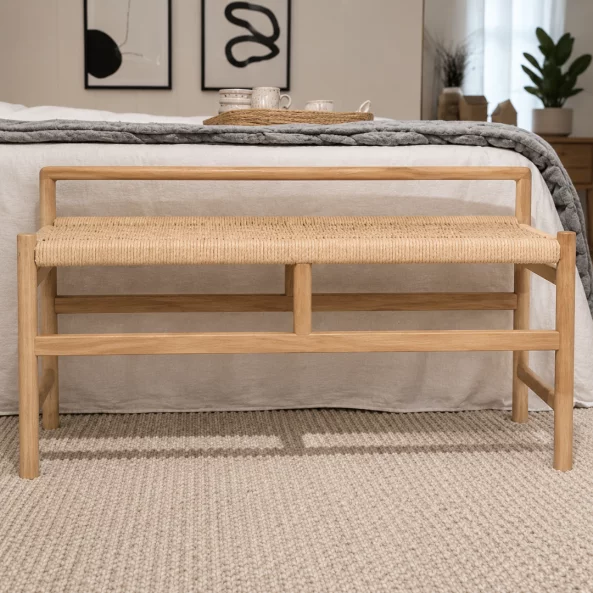 Banca din lemn de acacia cu sezut din snur de hartie, 100×41×55 cm