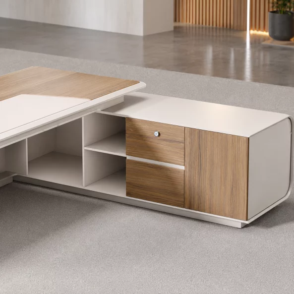 Birou managerial Noblesse – H1270 x l2000 x L2600 mm, cu Iluminare LED si corp lateral