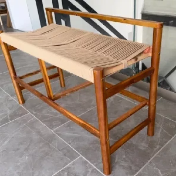 Пейка от акациево дърво с плетена седалка от хартиен шнур, 100×41×65 см