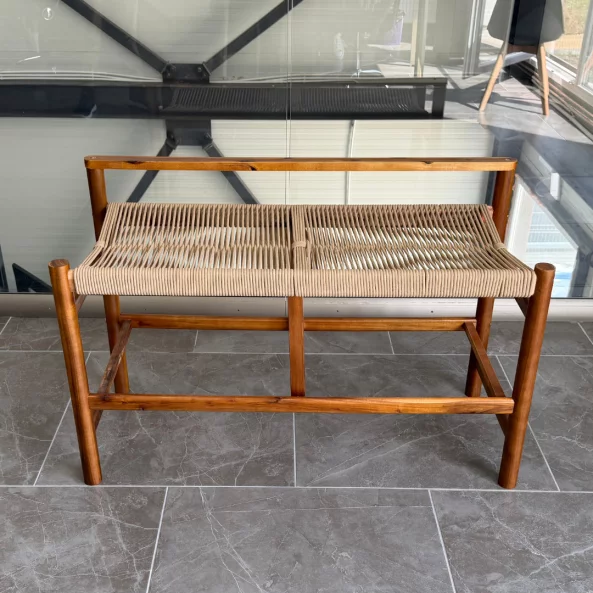 Set 2 banci din lemn de acacia cu sezut din snur de hartie, 100×41×65 cm