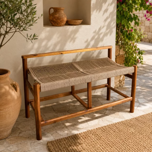 Set 2 banci din lemn de acacia cu sezut din snur de hartie, 100×41×65 cm