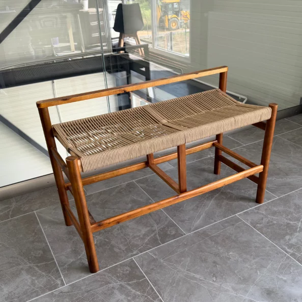 Set 2 banci din lemn de acacia cu sezut din snur de hartie, 100×41×65 cm
