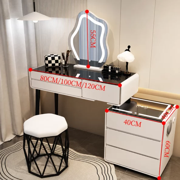 Măsuță de machiaj AURORA smart – cu oglindă rotundă LED și blat din sticlă securizată 100x40x120 cm
