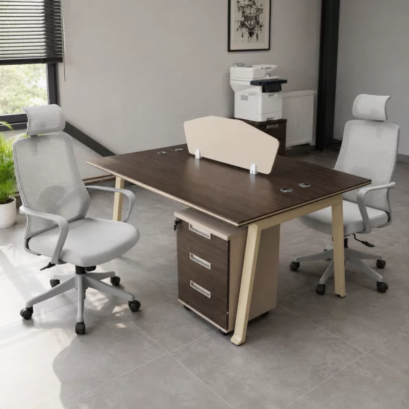 Set Nova 2 &amp; Calvena - Birou operational cu 2 posturi,dulapuri integrate mobile si Scaun de birou ergonomic cu functie de înclinare
