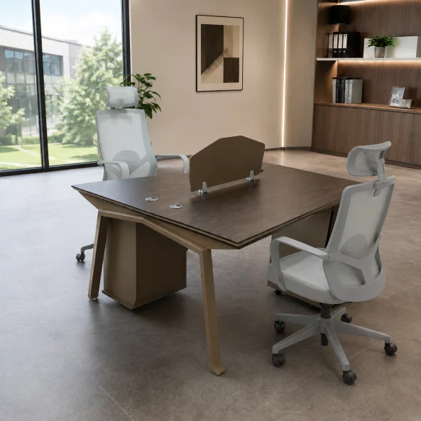 Set Nova 2 &amp; Calvena - Birou operational cu 2 posturi,dulapuri integrate mobile si Scaun de birou ergonomic cu functie de înclinare