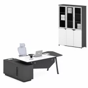 Conjunto Platinia &amp; LumaSeat – Escritorio directivo con armario lateral, silla ergonómica y armario con puertas de vidrio