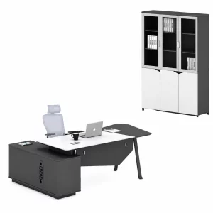Set Platinia &amp; LumaSeat - Birou directorial cu dulap lateral, scaun ergonomic si dulap cu usi din sticla