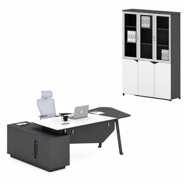 Conjunto Platinia &amp; LumaSeat – Escritorio directivo con armario lateral, silla ergonómica y armario con puertas de vidrio