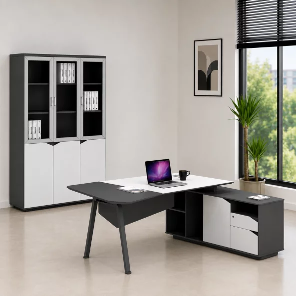 Conjunto Platinia &amp; LumaSeat – Escritorio directivo con armario lateral, silla ergonómica y armario con puertas de vidrio