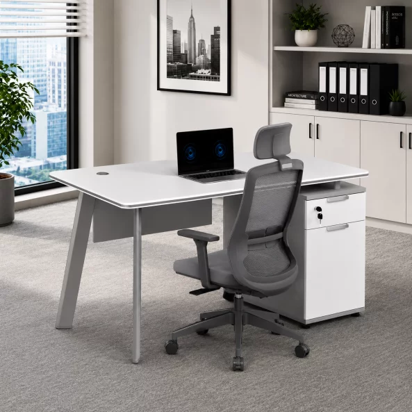 Set Serenity &amp; ErgoAir - Birou cu dulap lateral si Scaun de birou ergonomic cu suport lombar