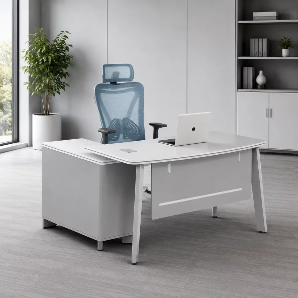 Set Velaris &amp; Norvex – Escritorio con armario lateral y silla de oficina ergonómica con soporte lumbar ajustable