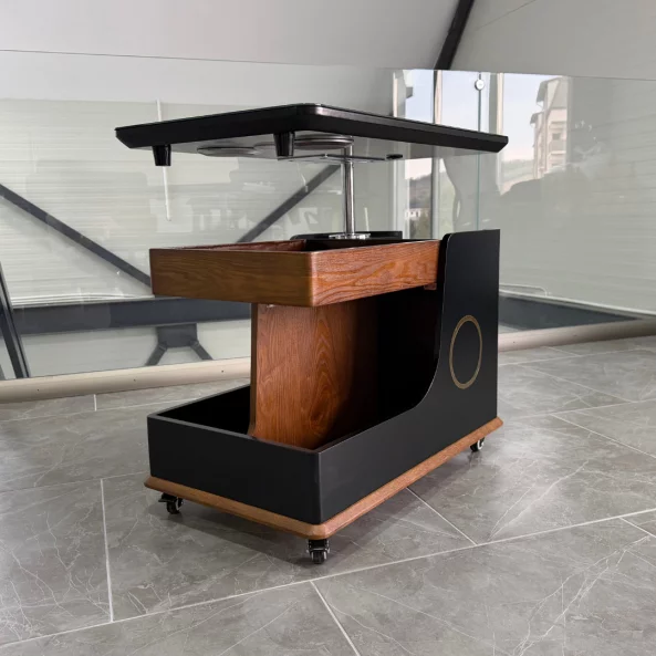 Mesa auxiliar moderna, carga inalámbrica, altavoz Bluetooth, tablero giratorio – marrón y negro