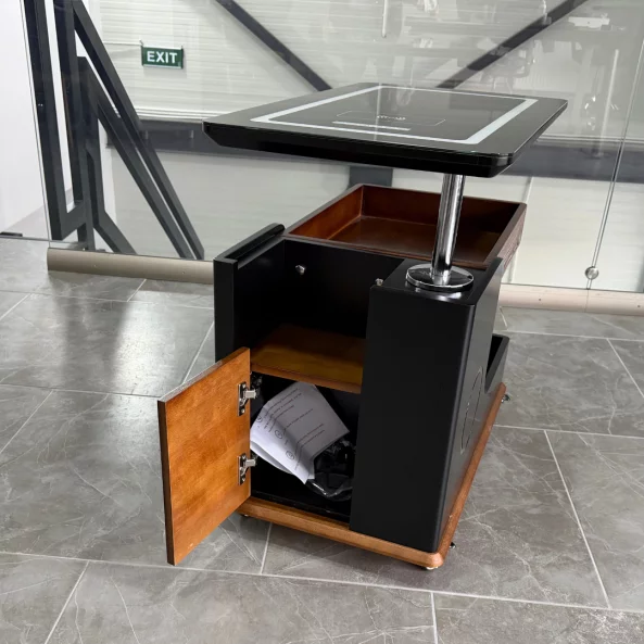 Mesa auxiliar moderna, carga inalámbrica, altavoz Bluetooth, tablero giratorio – marrón y negro
