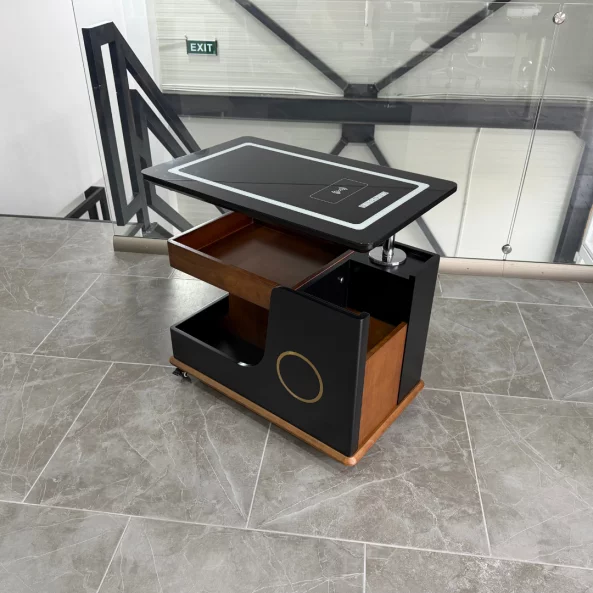 Mesa auxiliar moderna, carga inalámbrica, altavoz Bluetooth, tablero giratorio – marrón y negro