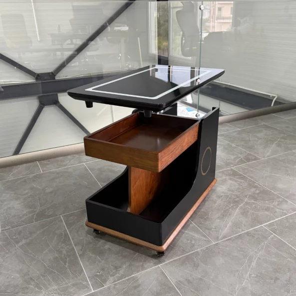 Mesa auxiliar moderna, carga inalámbrica, altavoz Bluetooth, tablero giratorio – marrón y negro