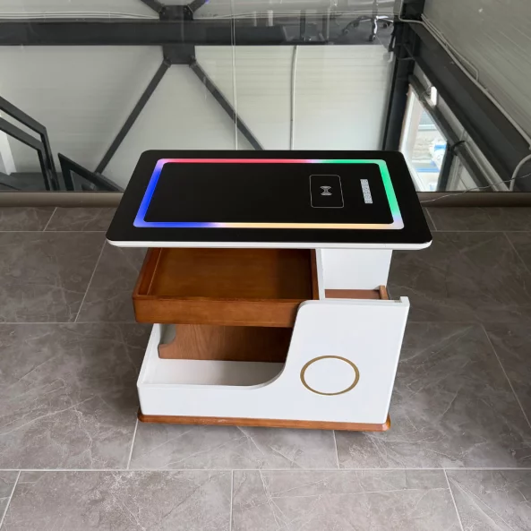 Mesa auxiliar moderna, carga inalámbrica, altavoz Bluetooth, tablero giratorio – walnut&amp;white