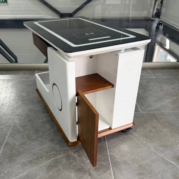 Mesa auxiliar moderna, carga inalámbrica, altavoz Bluetooth, tablero giratorio – walnut&amp;white
