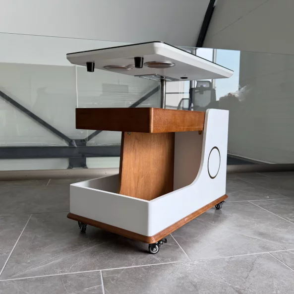 Mesa auxiliar moderna, carga inalámbrica, altavoz Bluetooth, tablero giratorio – walnut&amp;white