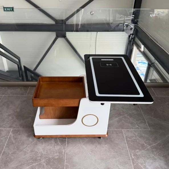 Mesa auxiliar moderna, carga inalámbrica, altavoz Bluetooth, tablero giratorio – walnut&amp;white