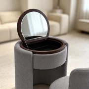 Masuta de machiaj Belle Époque vintage cu blat rotund si taburet tapitat, gri