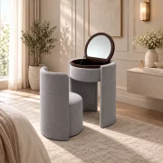 Masuta de machiaj Belle Époque vintage cu blat rotund si taburet tapitat, gri
