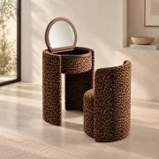 Masuta de machiaj Belle Époque vintage cu blat rotund si taburet tapitat, maro inchis cu model leopard