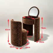 Masuta de machiaj Belle Époque vintage cu blat rotund si taburet tapitat, maro inchis cu model leopard