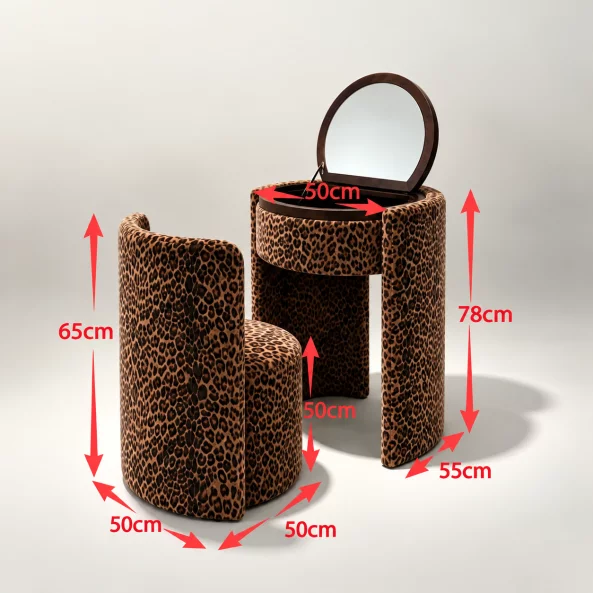 Masuta de machiaj Belle Époque vintage cu blat rotund si taburet tapitat, maro inchis cu model leopard