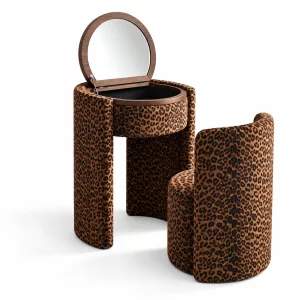 Masuta de machiaj Belle Époque vintage cu blat rotund si taburet tapitat, maro inchis cu model leopard