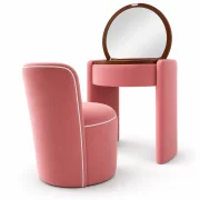 Masuta de machiaj Belle Époque vintage cu blat rotund si taburet tapitat, roz