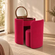 Masuta de machiaj Belle Époque vintage cu blat rotund si taburet tapitat, roz fucsia