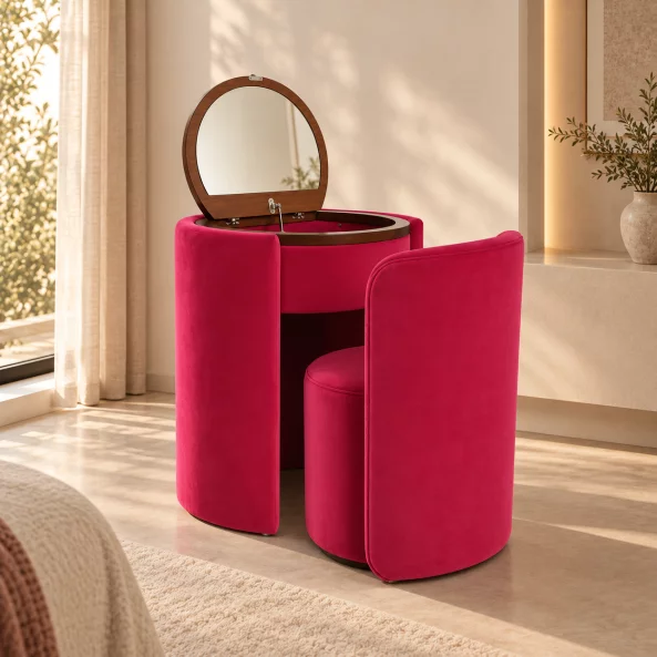 Masuta de machiaj Belle Époque vintage cu blat rotund si taburet tapitat, roz fucsia