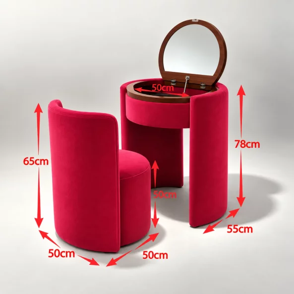 Masuta de machiaj Belle Époque vintage cu blat rotund si taburet tapitat, roz fucsia