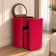 Masuta de machiaj Belle Époque vintage cu blat rotund si taburet tapitat, roz fucsia
