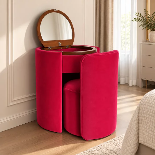 Masuta de machiaj Belle Époque vintage cu blat rotund si taburet tapitat, roz fucsia