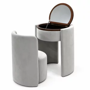 Masuta de machiaj Belle Époque vintage cu blat rotund si taburet tapitat, gri
