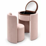 Masuta de machiaj Belle Époque vintage cu blat rotund si taburet tapitat, roz pudrat
