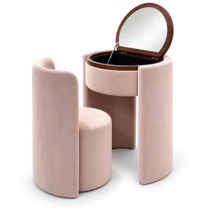 Masuta de machiaj Belle Époque vintage cu blat rotund si taburet tapitat, roz pudrat