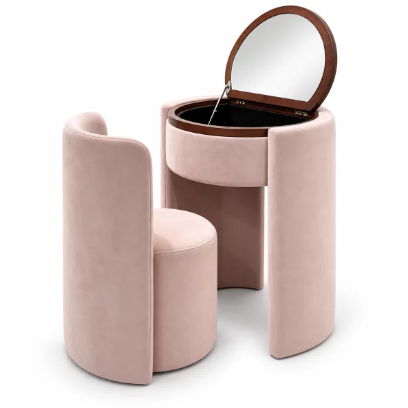 Masuta de machiaj Belle Époque vintage cu blat rotund si taburet tapitat, roz pudrat