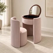 Masuta de machiaj Belle Époque vintage cu blat rotund si taburet tapitat, roz pudrat