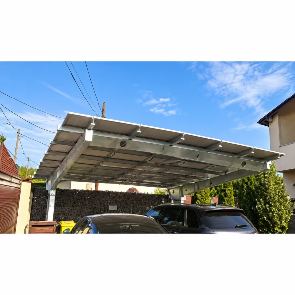 Cochera fotovoltaica 2 plazas, acero galvanizado, 6kW +15 Longi Panels LR5-54 HPH 410 M