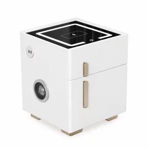 Noptiera inteligenta cu incarcare wireless, iluminare LED, 1 sertar de depozitare, seif, port USB si Type-C si difuzor Bluetooth 10W – alba, design modern din sticla si lemn