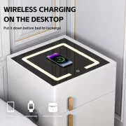 Интелигентно нощно шкафче с безжично зареждане, LED осветление, 1 чекмедже за съхранение, сейф, USB и Type-C портове и Bluetooth високоговорител 10W – бяло, модерен дизайн от стъкло и дърво