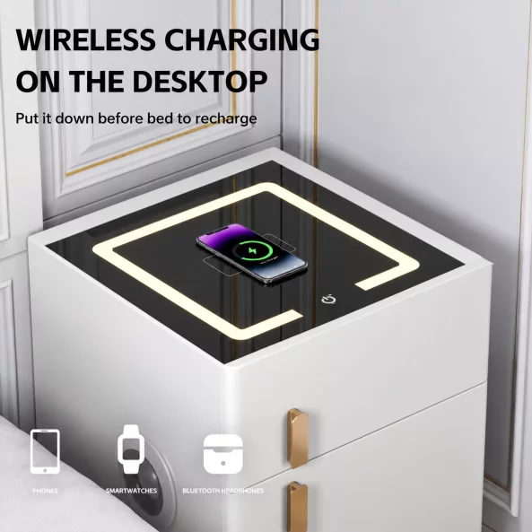 Интелигентно нощно шкафче с безжично зареждане, LED осветление, 1 чекмедже за съхранение, сейф, USB и Type-C портове и Bluetooth високоговорител 10W – бяло, модерен дизайн от стъкло и дърво