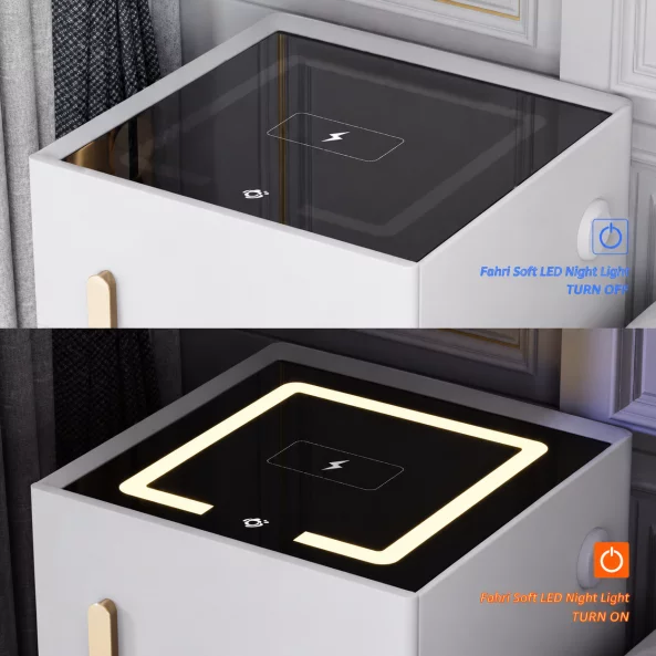 Интелигентно нощно шкафче с безжично зареждане, LED осветление, 1 чекмедже за съхранение, сейф, USB и Type-C портове и Bluetooth високоговорител 10W – бяло, модерен дизайн от стъкло и дърво