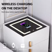 Mesita de noche inteligente con carga inalámbrica, iluminación LED, 1 cajón de almacenamiento y caja fuerte - blanco, diseño moderno de vidrio y madera